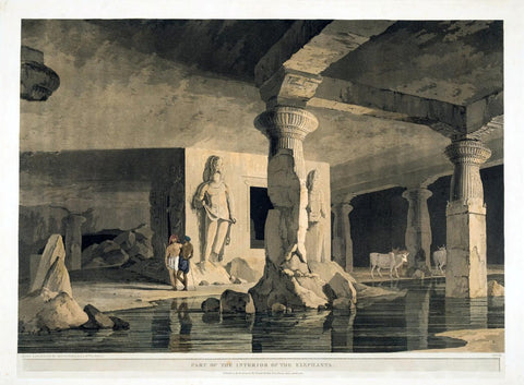 Interior Of The Elephanta Caves - Thomas and William Daniell - c1804 - Vintage Orientalist Aquatint of India - Large Art Prints by William Daniell