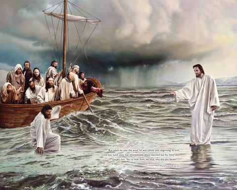 Jesus Christ (Saving Saint Peter) Walking On Water  - Christian Art Painting - Large Art Prints by Tallenge Store