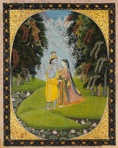 Krishna And Radha - Guler School - 1840 Vintage Indian Painting by Tallenge