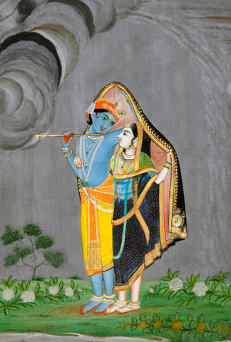 Krishna And Radha Taking Shelter From A Storm - Late 18th Century Vintage Indian Art Painting - Large Art Prints by Krishna Pichwai