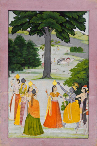 Krishna And The Gopis - Manaku And Nainsukh, Guler  School c1780 - Vintage Indian Miniature Art by Tallenge