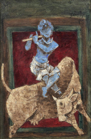 Krishna Atop Nandini Cow - Maqbool Fida Husain Painting by M F Husain