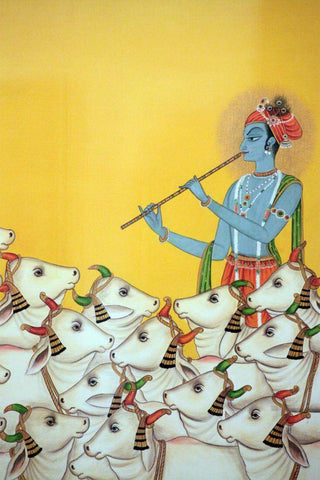Krishna Fluting Amid Cows - Contemporary Pichwai Painting by Tallenge