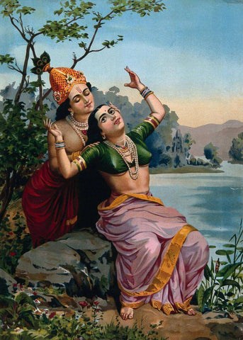 Krishna Radha Bilas  - Raja Ravi Varma Chromolithograph Print - Vintage Indian Art Painting - Large Art Prints