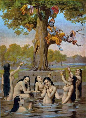 Krishna Sitting In A Tree With All The Gopis Clothes - Raja Ravi Varma Chromolithograph Print - Vintage Indian Art Painting - Framed Prints