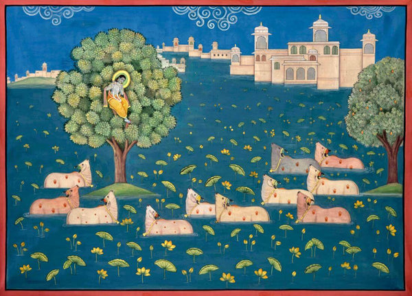 Krishna With Cows In Lotus Waters - Pichwai Painting - Art Prints