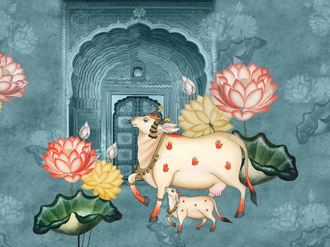 Krishnas Cow With Lotus - Contemporary Pichwai Painting by Tallenge