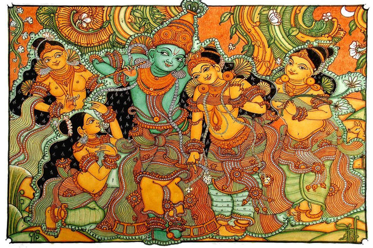 Artwork of Krishna and Radha - Kerala Mural Painting by Tallenge