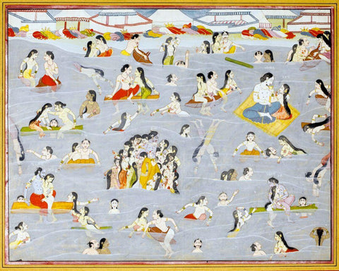 Krishna and the Gopis Bathing in the River Yamuna, Illustration from a Harivamsa series, attributable to Purkhu - Kangra Painting, circa 1800-15 by Pichwai Art