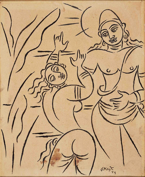 Kunti  And Surya - George Keyt Painting - Art Prints