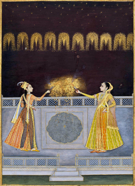 Ladies With Fireworks On A Terrace - Kishangarh Rajasthan c1730 - Vintage Indian Miniature Art Painting - Large Art Prints