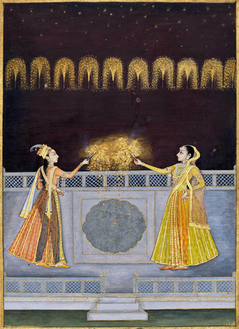 Ladies With Fireworks On A Terrace - Kishangarh Rajasthan c1730 - Vintage Indian Miniature Art Painting - Life Size Posters by Miniature Vintage