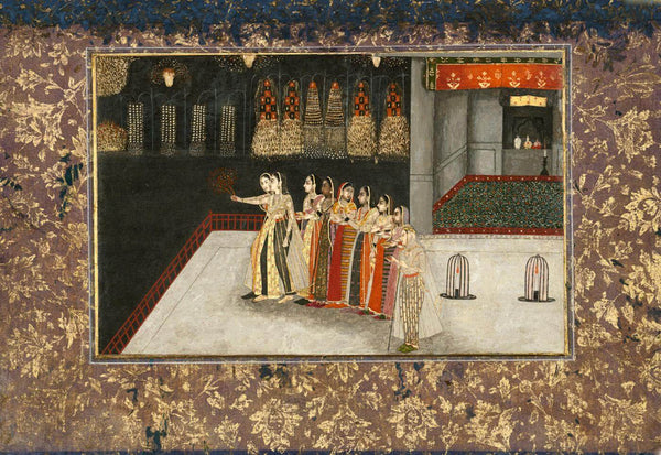 Ladies With Fireworks On A Terrace - c1730  Vintage Mughal Miniature Art Painting - Art Prints