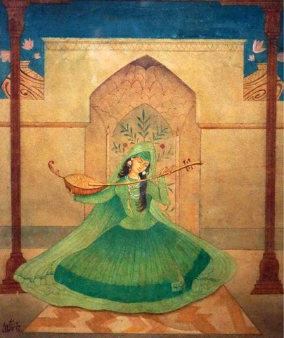 Lady Playing A Musical Instrument - Abdur Rahman Chughtai - Indian Art Painting by Abdur Rahman Chughtai