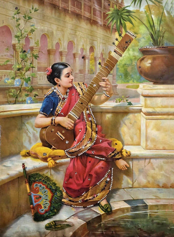 Lady Playing Sitar By The Pond (Kadambari) - Raja Ravi Varma - Oleograph Print - Framed Prints by Raja Ravi Varma