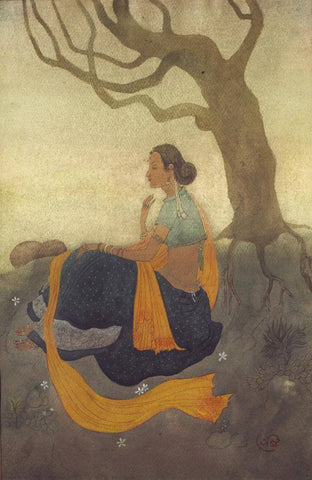 Lady Seated Under A Tree - Asit Kumar Haldar -  Bengal School Of Art - Indian Painting - Art Prints by Asit Kumar Haldar