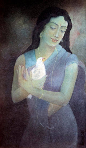 Lady With Dove - Abanindranath Tagore - Bengal School - Indian Art Painting by Abanindranath Tagore
