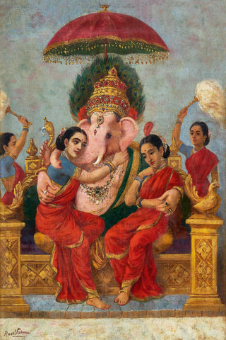 Lord Ganesha With Consorts Riddhi And Siddhi - Raja Ravi Varma Painting by Raja Ravi Varma