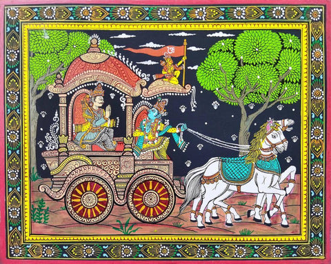 Lord Krishna Gita Updesha To Arjuna - Mahabharata Painting - Indian Folk Art by Tallenge
