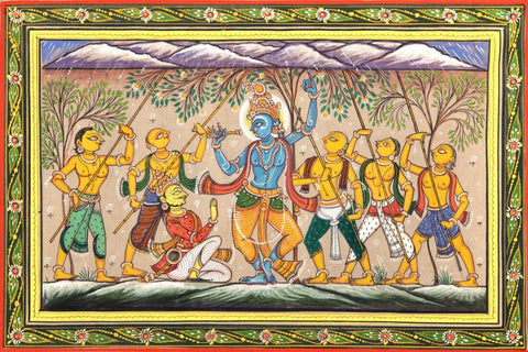 Lord Krishna Lifting Mount Govardhan - Pattachitra - Indian Folk Art Painting by Tallenge