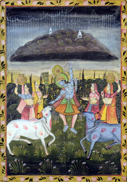 Lord Krishna Lifting Mount Govardhan - Vintage Pichwai Painting - Art Prints