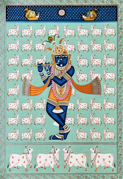 Lord Krishna With Cows - Contemporary Pichwai Painting - Large Art Prints
