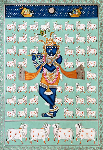 Lord Krishna With Cows - Contemporary Pichwai Painting - Large Art Prints