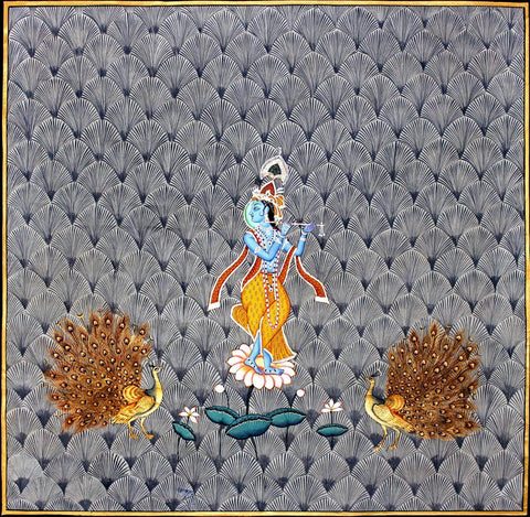 Lord Krishna With Peacocks - Contemporary Pichwai Painting by Krishna Pichwai
