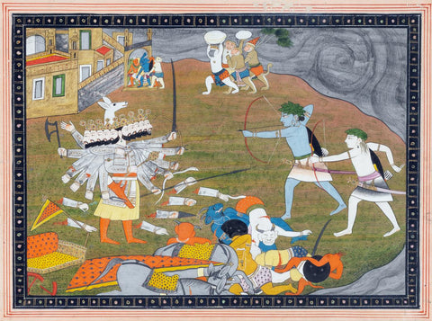 Lord Ram And Lakshan Battling With Ravan - Guler School 19th Century Vintage Indian Ramayan Painting - Large Art Prints by Tallenge