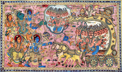 Lord Ram And Lakshan Battling With Ravan - Kalamkari Painting - Indian Folk Art Ramayan Painting - Large Art Prints by Tallenge