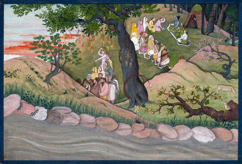 Lord Ram Sita Lakshman At Panchvati - Nainsukh - Guler School c1775  Ramayan Masterpiece Painting - Large Art Prints by Tallenge