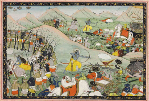 Lord Rama Battles Ravana While Lakshman Is Unconcious - Pahari Painting c1775 -Vintage Indian Miniature Art From Ramayan by Tallenge