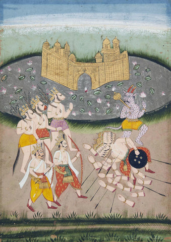 Lord Ramas Army Defeating Ravana - Bikaner, Rajasthan, 18th Century Illustration From A Ramayana Series - Large Art Prints by Tallenge