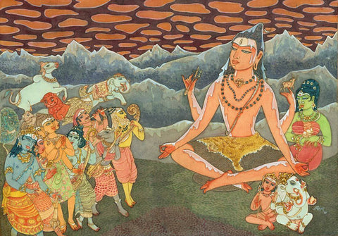 Lord Shiva And His Family With Worshippers - Indian Spiritual Religious Art Painting by Raja