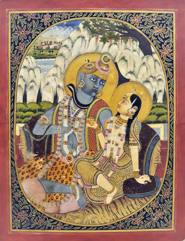 Lord Shiva And Parvati - 18th Century Vintage Indian Art  Painting - Art Prints