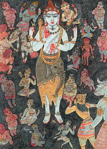 Lord Shiva Surrounded by Brahma Vishnu Ganas And Siddhas - Rajam - Indian Art Painting - Life Size Posters by Tallenge