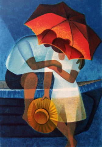 Lovers Under The Umbrella (Les Amoureux Sous Le Parasol)- Louis Toffoli - Contemporary Painting by Louis Toffoli