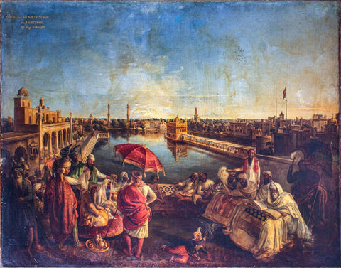 Maharaja Ranjit Singh Listening to Granth Sahib At The Golden Temple Amritsar - August Schoefft  - c1841 Vintage Art - Sikhism Painting by Akal