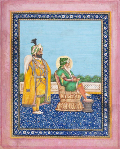 Maharajah Ranjit Singh With Maharajah Gulab Singh Lahore - Hasan al-Din c1840 - Vintage Indian Sikh Royalty Painting by Tallenge