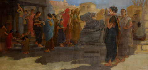 Maharashtra Temple Scene - L N Taskar - Indian Masters Painting by L N Taskar