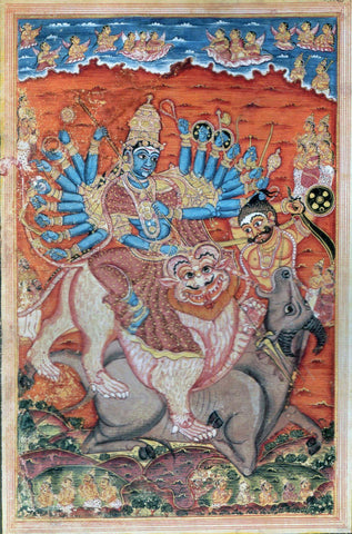 Mahishasura Mardhini Durga - Mysore School Art - Vintage Indian Painting by Tallenge Store