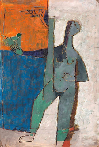 Man With Bird - M F Husain - Figurative Painting by M F Husain