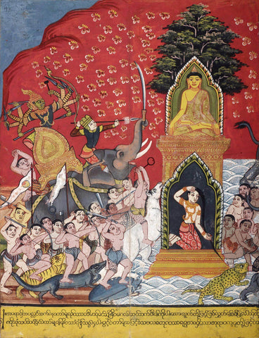 Mara Attacking Buddha And Thwarted By The Earth Goddess - Vintage South East Asian Painting - Large Art Prints by Tallenge Store