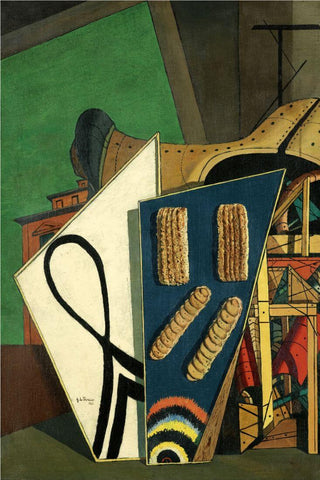 Metaphysical Interior With Biscuits - Giorgio de Chirico - Surrealist Art Painting by Giorgio de Chirico
