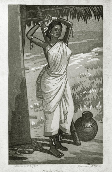Moody Maid -  Haren Das - Bengal School Art Woodcut - Posters