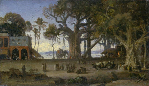 Moonlit Scene of Indian Figures and Elephants among Banyan Trees, Lucknow - Auguste Borget - c1786 Vintage Orientalist Paintings of India by Auguste Borget