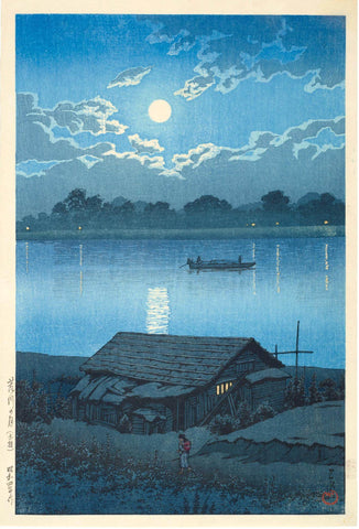 Moon on the Arakawa River in Akabane - Kawase Hasui - Japanese Woodblock Ukiyo-e Art Painting Print - Framed Prints