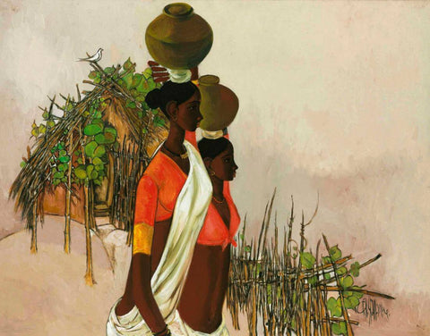 Mother Daughter Returning With Water Pots - B Prabha Painting - Indian Masters Art - Framed Prints