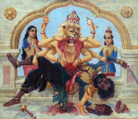 Narasimha (Lord Vishnu Fourth Avatar) - Raja Ravi Varma - Indian Masters Painting From Puranas - Canvas Prints