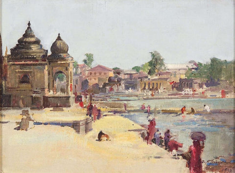 Nasik Scene With Temples - Antonio Xavier Trindade - Indian Art Painting by L N Taskar